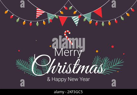 Inschrift Frohe Weihnachten und Frohes Neues Jahr auf einem Hintergrund mit bunten Girlanden und Tannenzweigen und einem Lollipop Stock Vektor