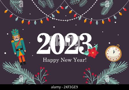 Inschrift 2023 und Frohes Neues Jahr Neujahrsbanner mit Girlanden Stock Vektor