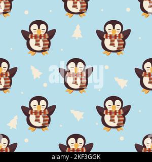 Nahtloses blaues weihnachtsmuster mit niedlichem Pinguin, der einen Schal trägt Stock Vektor