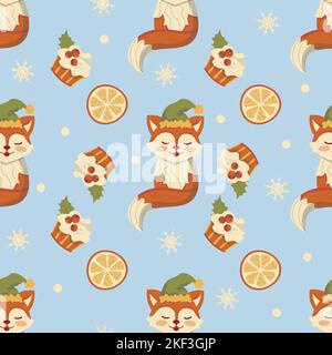 Nahtlose dunkle weihnachten Muster niedlichen Fuchs in Hut orange weihnachtskuchen Stock Vektor