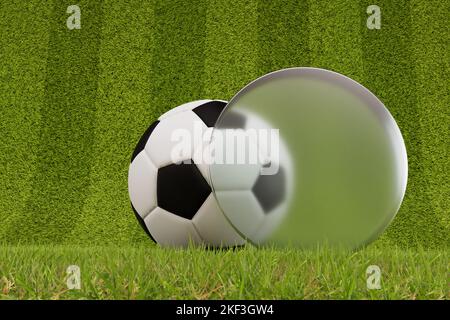 Fußballball auf einem Rasen mit einem Milchglas-Label. 3D Rendering Stockfoto