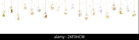 Hängende Kugeln gefärbt Gold mit verschiedenen abstrakten Symbole für Weihnachten und Winter zeit Konzepte und Grüße für Weihnachten und Neujahr Stock Vektor