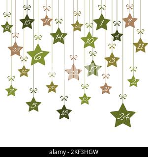 Hängende weihnachtssterne grün gefärbt mit Zahlen 1 bis 24 mit Adventskalender für Weihnachten und Winterkonzepte, weißer Hintergrund Stock Vektor