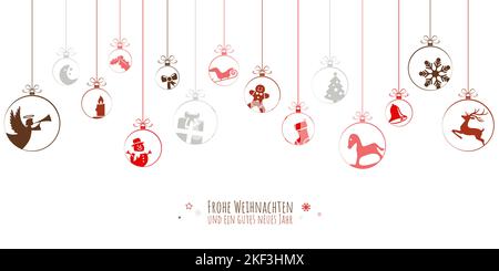 Hängende Kugeln in den Farben Rot mit verschiedenen abstrakten Symbole für Weihnachten und Winter zeit Konzepte und Grüße für Weihnachten und Neujahr Stock Vektor