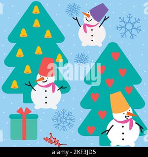 Schneemänner und geschmückte Tannen- oder Kiefernbäume. Nahtlose Muster für Weihnachten und Neujahr. Stock Vektor