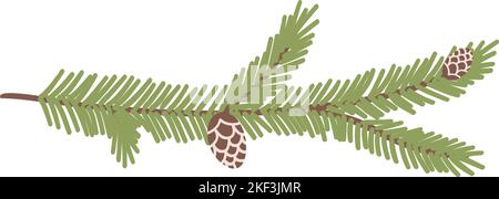 Tannenzweig oder Kiefernzweig mit Zapfen im Cartoon-Flat-Stil. Handgezeichnete Vektor-Illustration von Weihnachtsbaum, Winter-Symbol, Feiertagsdekoration Stock Vektor