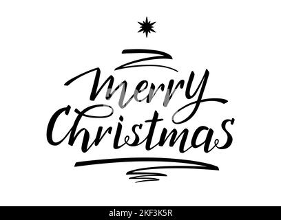 Frohe Weihnachten handgeschriebene Schriftzüge, moderne Pinsel-Kalligraphie. Weihnachtsbaum blüht und Stern. Kalligraphischer Vektortext. Grußkarte. Stock Vektor