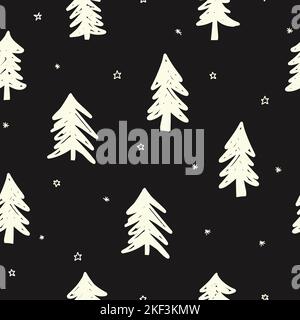 Winter Wald schwarz weiß nahtlose Vektor-Doodle-Muster. Tannenbäume von Hand gezeichnet wiederholenden Hintergrund. Schneebedecktes Waldbaummuster Stock Vektor
