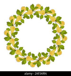 Birnen Kranz Kreis von Zweigen mit Früchten, handgezeichneter Doodle, runder Rahmen mit Ästen, Blättern und Früchten. Isolierter, weißer Hintergrund. Vektorgrafik Stock Vektor