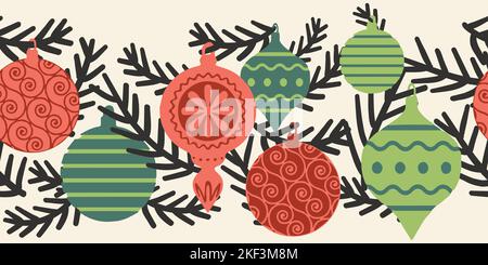 Weihnachtskugeln nahtlose Vektor-Grenze. Wiederholende horizontale Muster mit hängenden Weihnachtsschmuck Girlande rot grün schwarz. Zur Begrüßung der Feiertage Stock Vektor