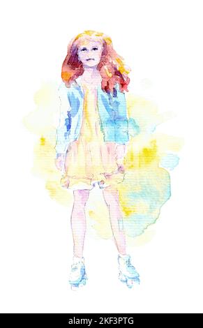 Teenager Rollschuh Mädchen. Aquarell-Illustration mit körniger Papierstruktur in gelben und türkisfarbenen Farbtönen isoliert auf weißem Hintergrund. Stockfoto