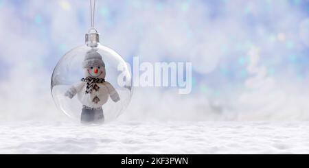 Weihnachtskugel hängend, Schneefall Hintergrund. Schneemann in einem Glas Weihnachtskugel, kopieren Raum. Vorlage für Weihnachtskarten. 3D Rendern Stockfoto