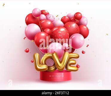 Valentinstag Ballons Vektor-Design. Valentinstag Liebe Text mit Ballon Haufen und Podium Bühne für Produktdisplay Hintergrund. Stock Vektor