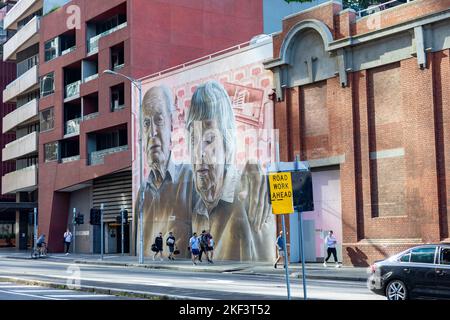 Smug Sam Bates Australien Wandgemälde an einer Wand im Stadtzentrum von Melbourne von seinen Großeltern, Melbourne Victoria, Australien, 2022 Stockfoto