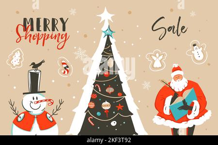 Hand gezeichnet Vektor abstrakt Spaß Frohe Weihnachten Zeit Cartoon Illustration Grußkarte mit Weihnachtsmann, Weihnachtsbaum, Schneemann und Merry Shopping Sale Stock Vektor