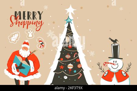 Hand gezeichnet Vektor abstrakt Spaß Frohe Weihnachten Zeit Cartoon Illustration Grußkarte mit Weihnachtsmann, Weihnachtsbaum, Schneemann und Merry Shopping Sale Stock Vektor