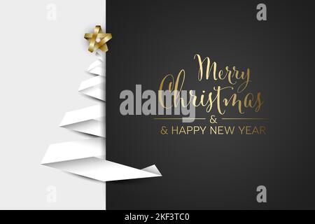 Weihnachtsbaum-Kartenvorlage aus weißem Papierstreifen-Band mit weihnachtswunsch-Text. Einfache minimalistische weihnachtsbaum Vorlage Layout auf whit Stock Vektor