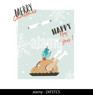 Handgezeichnete Vektor abstrakt Frohe Weihnachten und Happy New Year Time Cartoon Illustration Grußkarte mit türkei auf dem Teller und moderne Typografie Stock Vektor