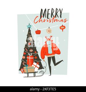 Hand gezeichnet Vektor abstrakt Spaß Frohe Weihnachten Zeit Cartoon Illustration Grußkarte mit Mann, Überraschung Geschenk-Boxen, Weihnachtsbaum und Weihnachten Stock Vektor