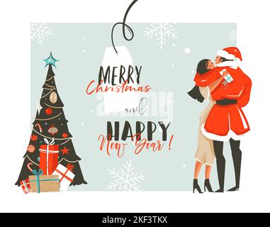Hand gezeichnet Vektor abstrakt Spaß Happy New Year Time Cartoon Retro vintage Illustrationen Karte mit romantischen Paar, das küsst und umarmt, Weihnachtsbaum und Stock Vektor