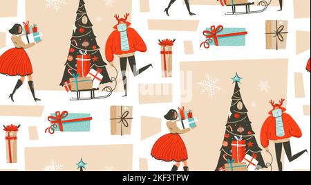 Hand gezeichnet Vektor abstrakt Spaß Frohe Weihnachten Zeit Cartoon Illustration nahtlose Muster mit Gruppe von Menschen in Winterkleidung, viele Überraschung Geschenk Stock Vektor