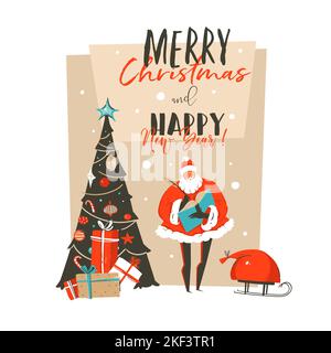 Hand gezeichnet Vektor abstrakt Frohe Weihnachten und Happy New Year Time Cartoon Illustration Grußkarte mit Santa Claus Überraschung Geschenkboxen, Weihnachten Stock Vektor