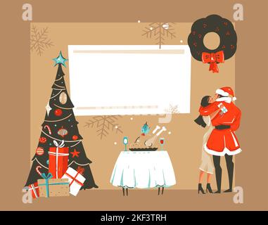 Hand gezeichnet Vektor abstrakt Spaß Frohe Weihnachten Zeit Cartoon Retro vintage Illustrationen Karte mit romantischen Paar, das küsst und umarmt, Weihnachtsbaum und Stock Vektor
