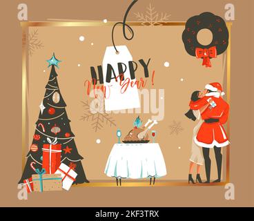 Hand gezeichnet Vektor abstrakt Happy New Year Time Cartoon Illustrationen Retro-Karte mit romantischen Paar, das küsst und umarmt unter der Mistel, Weihnachten Stock Vektor