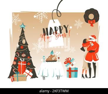 Hand gezeichnet Vektor Happy New Year Time Cartoon Illustrationen Retro-Karte mit romantischen Paar, das küsst und umarmt unter der Mistel, Weihnachtsbaum und Stock Vektor