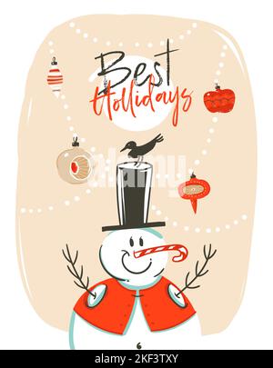 Hand gezeichnet Vektor abstrakt Spaß Frohe Weihnachten Zeit Cartoon Illustration Grußkarte Tag mit Schneemann, Weihnachtsbaum Kugel Girlande und besten Feiertagen Stock Vektor
