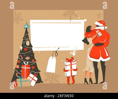 Hand gezeichnet Vektor abstrakt Spaß Frohe Weihnachten Zeit Cartoon Retro vintage Illustrationen Karte mit romantischen Paar, das küsst und umarmt, Weihnachtsbaum und Stock Vektor
