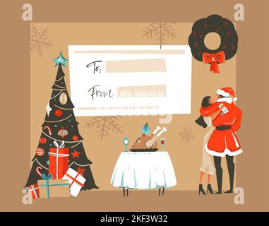 Hand gezeichnet Vektor Happy New Year Time Cartoon Illustrationen Retro-Karte mit romantischen Paar, das küsst und umarmt unter der Mistel, Weihnachtsbaum und Stock Vektor