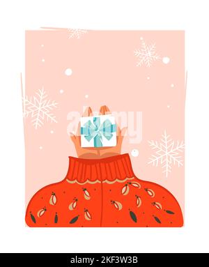 Hand gezeichnet Vektor abstrakt Frohe Weihnachten Zeit Cartoon Illustration Karte mit Menschen in gemütlichen Pullover, der Surprise Geschenkbox und Platz für Ihre gibt Stock Vektor