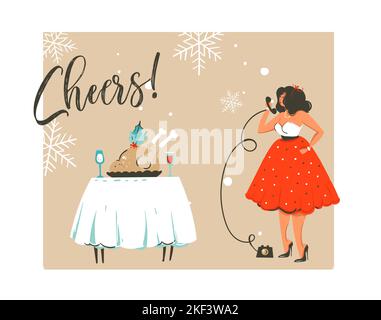 Hand gezeichnet Vektor abstrakt Frohe Weihnachten und Happy New Year Time Retro-Cartoon-Illustration Grußkarte mit schönen Frau im Kleid und Stock Vektor