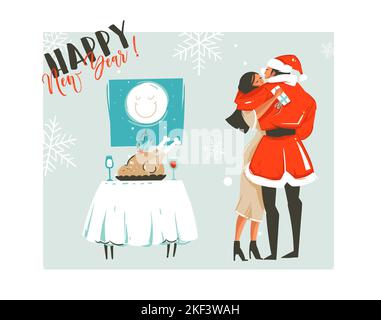 Hand gezeichnet Vektor abstrakt Frohe Weihnachten Zeit Cartoon Retro vintage Illustrationen Karte mit romantischen Paar, das küsst und umarmt, Weihnachten Abendessen und Stock Vektor