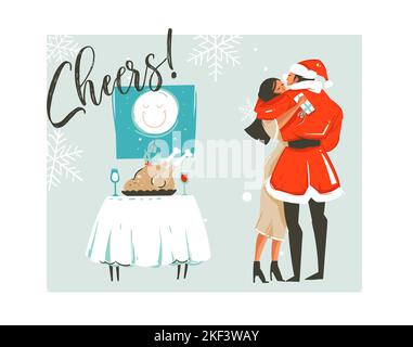 Hand gezeichnet Vektor abstrakt Frohe Weihnachten Zeit Cartoon Retro vintage Illustrationen Karte mit romantischen Paar, das küsst und umarmt, Weihnachten Abendessen und Stock Vektor