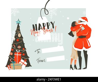 Hand gezeichnet Vektor abstrakt Spaß Happy New Year Time Cartoon Retro vintage Illustrationen Karte mit romantischen Paar, das küsst und umarmt, Weihnachtsbaum und Stock Vektor