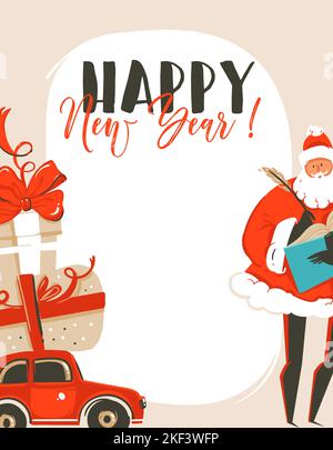 Hand gezeichnet Vektor abstrakt Spaß Frohe Weihnachten Zeit Cartoon Illustration Grußkarte Tag mit Weihnachtsmann, Auto, Überraschung Geschenk-Boxen und glückliches neues Jahr Stock Vektor