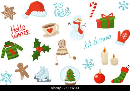 Winter-Set mit gemütlichen Symbolen. Wintersaison. Weihnachtsschmuck. Schneeflocken und Objekte zur Dekoration. Vektorgrafik Stock Vektor