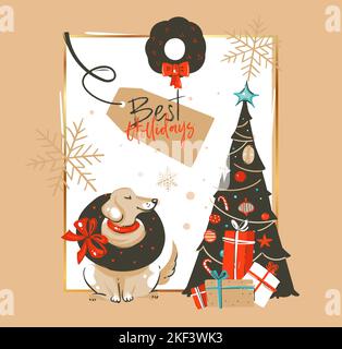 Handgezeichnete Vektor abstrakt Frohe Weihnachten und Happy New Year Time vintage Cartoon Illustrationen Grußkarte Vorlage mit labrador Hund und Stock Vektor