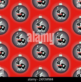Schwarzes Kaninchen, Symbol des Jahres 2023 nach dem östlichen Kalender, nahtloses Muster von Weihnachtskugeln auf rotem, chinesischem Neujahr Stock Vektor
