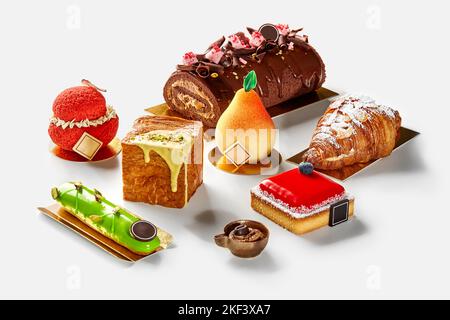 Fruchtgebäck, Käsekuchen mit Beerengelee, Pistazien-eclair, Schokoladenrolle, würfelförmige und halbmondförmige Croissants auf Weiß Stockfoto