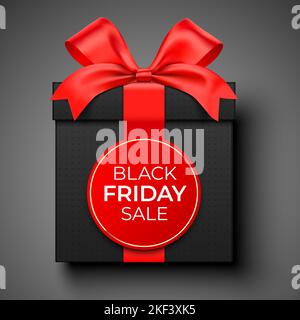 Black Friday Geschenkkarte Vektor-Design, mit einem Premium-Stil realistische schwarze Geschenkbox mit rotem Satinband verpackt, und runden Tag, auf dem Hintergrund liegen. Stock Vektor