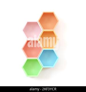 Eine 3D Rendering von bunten leeren Holz Hexagon Regale auf weißen Wand für Kinder Zimmerdekoration Stockfoto