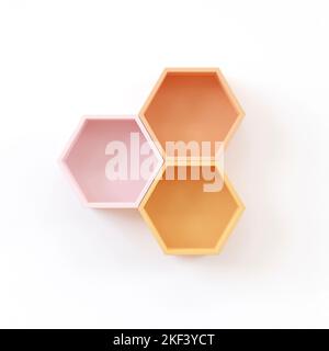 Eine 3D Rendering von bunten leeren Holz Hexagon Regale auf weißen Wand für Kinder Zimmerdekoration Stockfoto