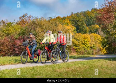 Drei glückliche Senioren fahren mit ihren Mountainbikes in der Herbstatmosphäre der Herbstwälder rund um Stuttgart, Baden Württemberg, Ge Stockfoto