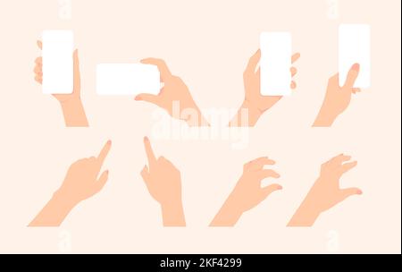 Abbildung: Halten eines Mobiltelefons und Berühren des Bildschirms mit einem Finger usw. Stock Vektor