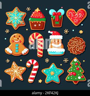 Ein Satz verschiedener Weihnachtskekse, isoliert auf dunklem Hintergrund. Stock Vektor