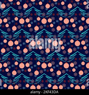 Weihnachtliche nahtlose Tapeten, Weihnachtsspielzeuge, Tannenbäume und Schneeflocken, Vextor-Muster Stock Vektor