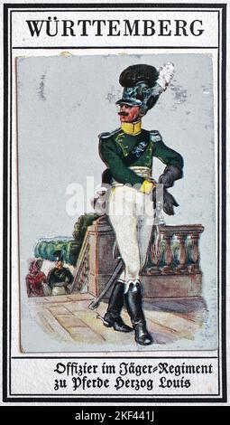 Deutsche Uniformen des 19.. Jahrhunderts, Linien - Kavallerie: Württemberg, Offizier im Jagdregiment zu Pferd Herzog Louis, Historische, digital restaurierte Reproduktion eines gemeinfreien Sammlerbildes aus dem frühen 20.. Jahrhundert / Deutsche Uniformen des 19. Jahrhundert, Linien - Kavallerie: Württemberg, Offizier im Jäger-Regiment zu Pferde Herzog Louis, Historisch, digital restaurierte Produktion eines gemeinsamen Sammelbildes aus dem frühen 20. Jahrhundert Stockfoto